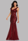 Sexy Burgundy Tulle V Neck Mermaid Sequin Prom Dresses, Evening Party Dresses SJS15332