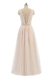 Elegant A Line Pink Tulle Lace High Neck Sleeveless Button Prom Evening Dresses JS598