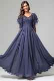 Elegant V-neck Short Sleeves Chiffon Appliqued Prom Dresses