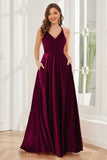 A-line Straps Velvet Bridesmaid Dresses with Slit