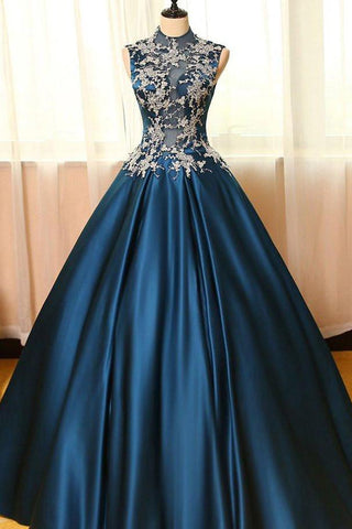 High Neck Sleeveless Appliques Ball Gown Open Back Satin Long Blue Prom Dresses JS234