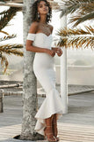 Mermaid Off the Shoulder Sweetheart Ivory Satin Open Back Ruffles Bridesmaid Dresses JS756