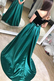 Unique A line Black And Green Long Elegant Off the Shoulder Satin Prom Dresses JS106