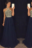 Elegant A Line Halter Dark Blue Beaded Long Chiffon Backless Long Prom Dresses JS810