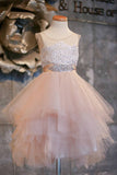 Blush Pink Flower Girl Dresses Cap Sleeve Asymmetric Tulle Lace Top Cute Dress for Kids JS99