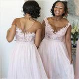 A-Line Pink Princess High Slit Scoop Sleeveless Lace Applique Chiffon Bridesmaid Dresses JS316