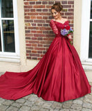 Long Sleeves Off the Shoulder Burgundy Sweetheart Satin Lace Ball Gown Prom Dresses UK JS435