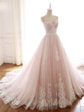 Unique A Line Pink Sweetheart Tulle Spaghetti Straps Long Lace Prom Dress