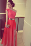 A Line Red One Shoulder Chiffon Lace Long Side Slit Gold Belt Prom Dresses JS68