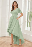 A-line Short Sleeves High Low Chiffon Bridesmaid Dresses