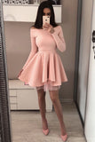 A Line Long Sleeve Blush Pink Off the Shoulder Satin Short Homecoming Dresses JS996