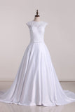 Wedding Dresses Scoop With Applique And Sash A Line Stretch Satin