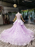 Ball Gown Lace Appliques Cap Sleeves Long Prom Dresses, Quinceanera SJS20480