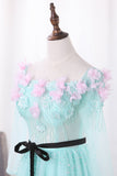 New Arrival A Line Boat Neck Tulle Prom Dresses With Handmade Flowers And Beads