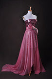 Pink Sheath/Column Strapless Asymmetrical Chiffon Lace Cz