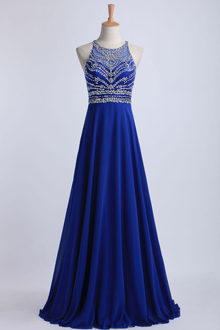 Halter A-Line/Princess Prom Dresses Tulle And Chiffon Dark Royal Blue Sweep Train