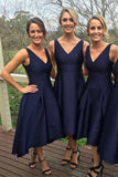 A Line V Neck Satin High Low Short Bridesmaid Dresses, Prom Dresses SJS15043