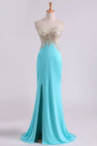 Sexy Prom Dresses Sheath With Slit And Applique Sweep Train Spandex