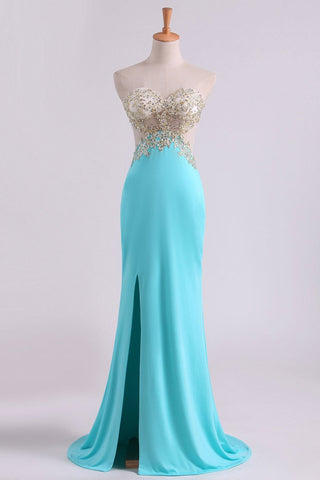 Sexy Prom Dresses Sheath With Slit And Applique Sweep Train Spandex