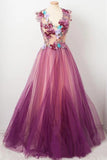 Elegant A line Burgundy Tulle Flower Prom Dresses Scoop Appliqued Party Dresses SJS15144