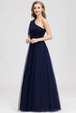 Simple A Line One Shoulder Navy Blue Tulle Prom Dresses Cheap Formal Dresses SJS15382