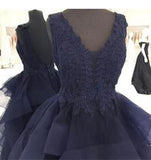 Custom Made Navy Blue Appliques Beaded V-Neck High Quality Prom Dresses JS757