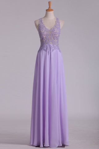 Sexy Open Back See-Through Prom Dresses V Neck Chiffon With Beads And Applique