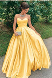 A Line Yellow Satin Prom Dresses, Strapless Sweetheart Sleeveless Party Dresses SJS15046