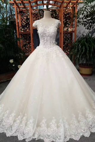 Hot SellingFloor Length Lace Up Wedding Dresses With Appliques And Sequins