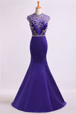 High Neck Mermaid Prom Dresses Beaded Bodice With Ruffles Satin