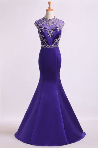 High Neck Mermaid Prom Dresses Beaded Bodice With Ruffles Satin