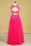 A Line Open Back Scoop Prom Dresses Tulle With Applique & Beading Floor Length