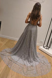 Chic A-Line Silver Backless V Neck Fashion Custom Unique Long Prom Dresses SJS15130