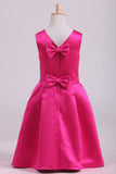 Fuchsia Scoop A Line Flower Girl Dresses Satin With Ribbon Knee Length