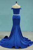 Prom Dresses Off The Shoulder Beaded Waistline Spandex Sweep Train