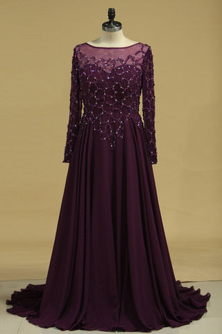 Prom Dresses Scoop Long Sleeves Chiffon A Line Sweep Train