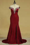 Evening Dresses Mermaid Off The Shoulder Spandex With Beads And Slit