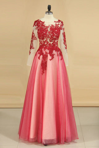 See-Through Prom Dresses Scoop Long Sleeves Tulle With Applique A Line