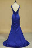 Bateau Open Back Evening Dresses Mermaid Satin With Applique