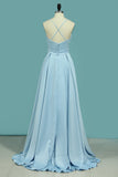 A Line Spaghetti Straps Prom Dresses Satin With Slit Zipper Up