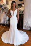 Mermaid V Neck Satin Wedding Dresses with Open Back