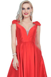 V-Neck Bubble Shoulder A-Line Satin Evening Dress Floor-Length