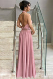 A Line Halter Prom Dresses With Beads Waistline Elastic Satin