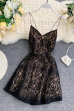 A Line Spaghetti Straps Lace V Neck Navy Blue Homecoming Dresses, Sweet 16 Dresses SJS15555