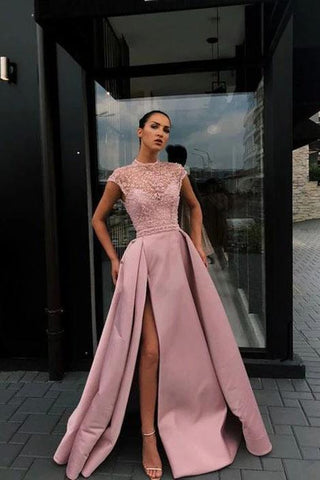 Charming High Neck Beading Satin Pink Cap Sleeves Prom Dresses with Split, Dance Dresses SJS15100