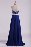 Bateau Two Pieces Prom Dresses Dark Royal Blue A Line Beaded Bodice Open Back Floor Length Chiffon & Tulle