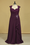 Plus Size A Line Mother Of The Bride Dresses Open Back Chiffon With Beads And Ruffles Grape