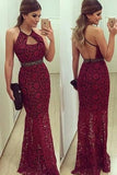 Hot Sheath Halter Open Back Lace Prom Dresses Zipper Up