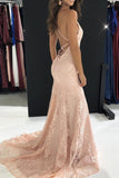 Elegant Straps V Neck Burgundy Lace Mermaid Long Evening Dresses, Prom Dresses SJS15206