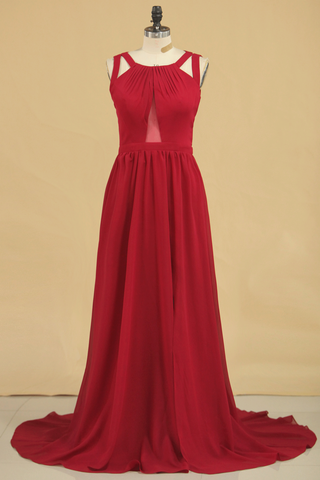 A Line Scoop Chiffon Bridesmaid Dresses Burgundy/Maroon Sweep Train